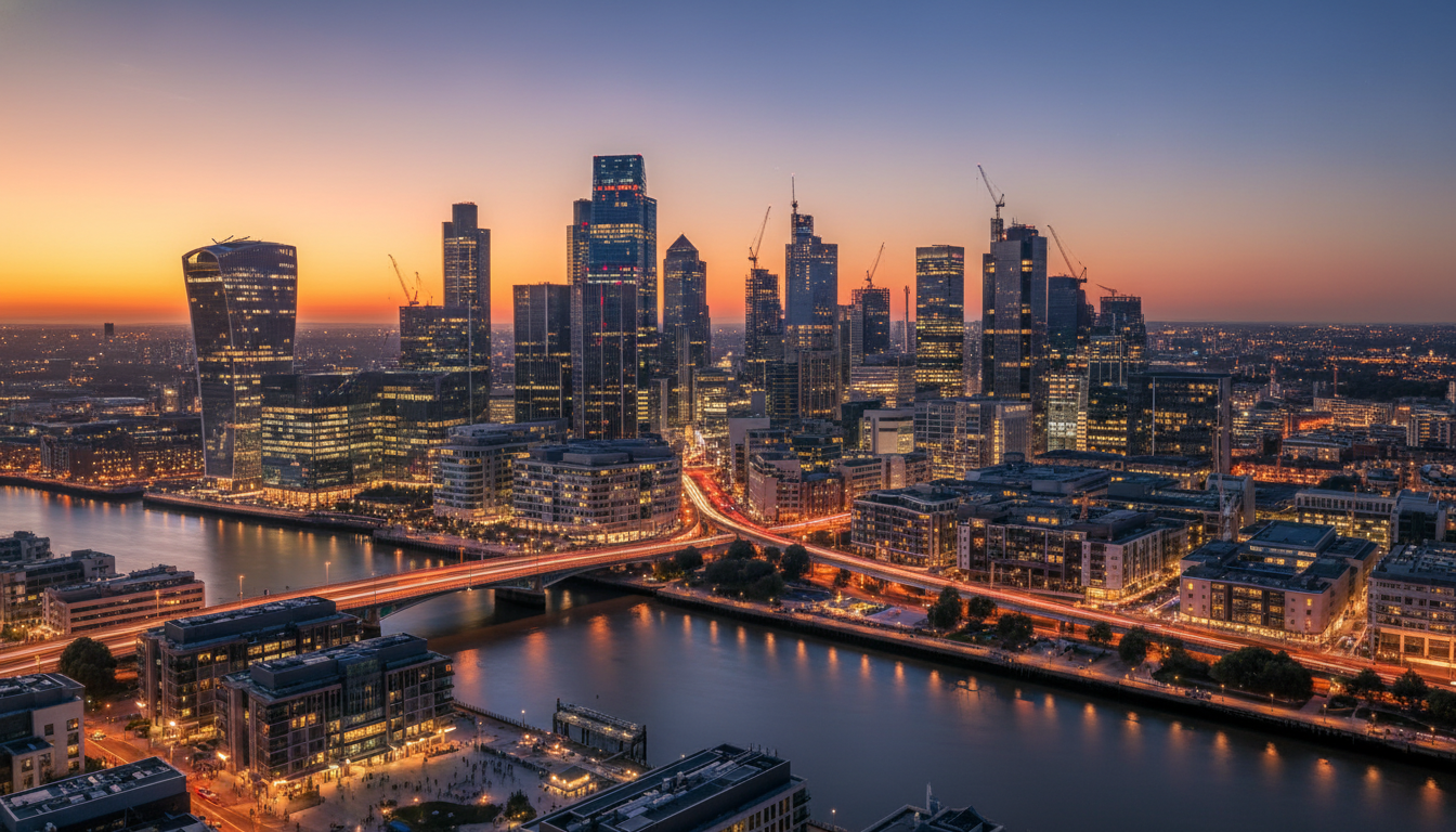 A wide-angle view of the London financial district, Canary Wharf, at dusk, symbolizing the scale and complexity of the UK financial ecosystem with sleek glass skyscrapers reflecting city lights.