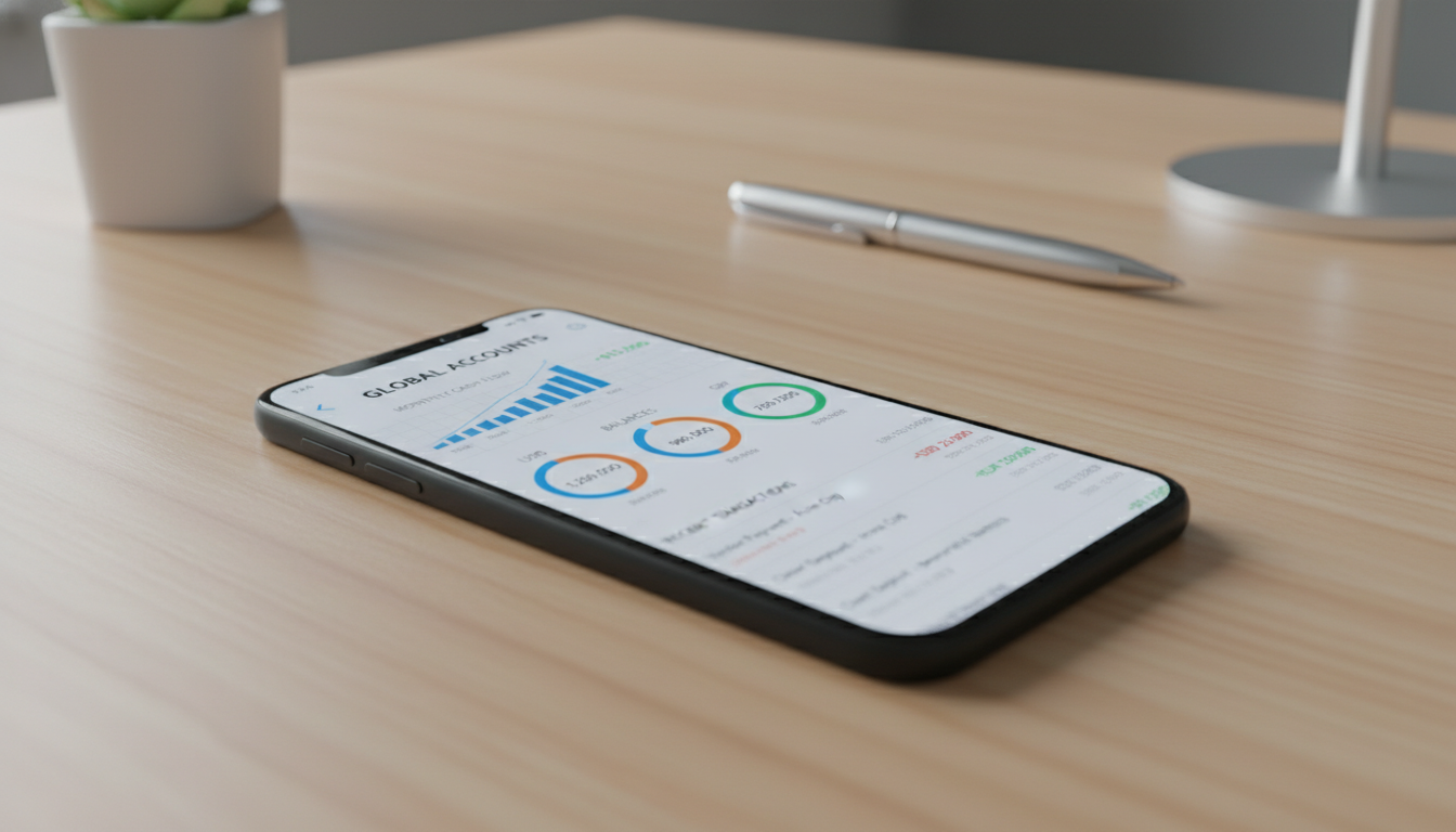 A high-resolution close-up of a modern smartphone displaying a sophisticated business banking application interface with graphs, multi-currency balances, and transaction history on a minimalist desk.