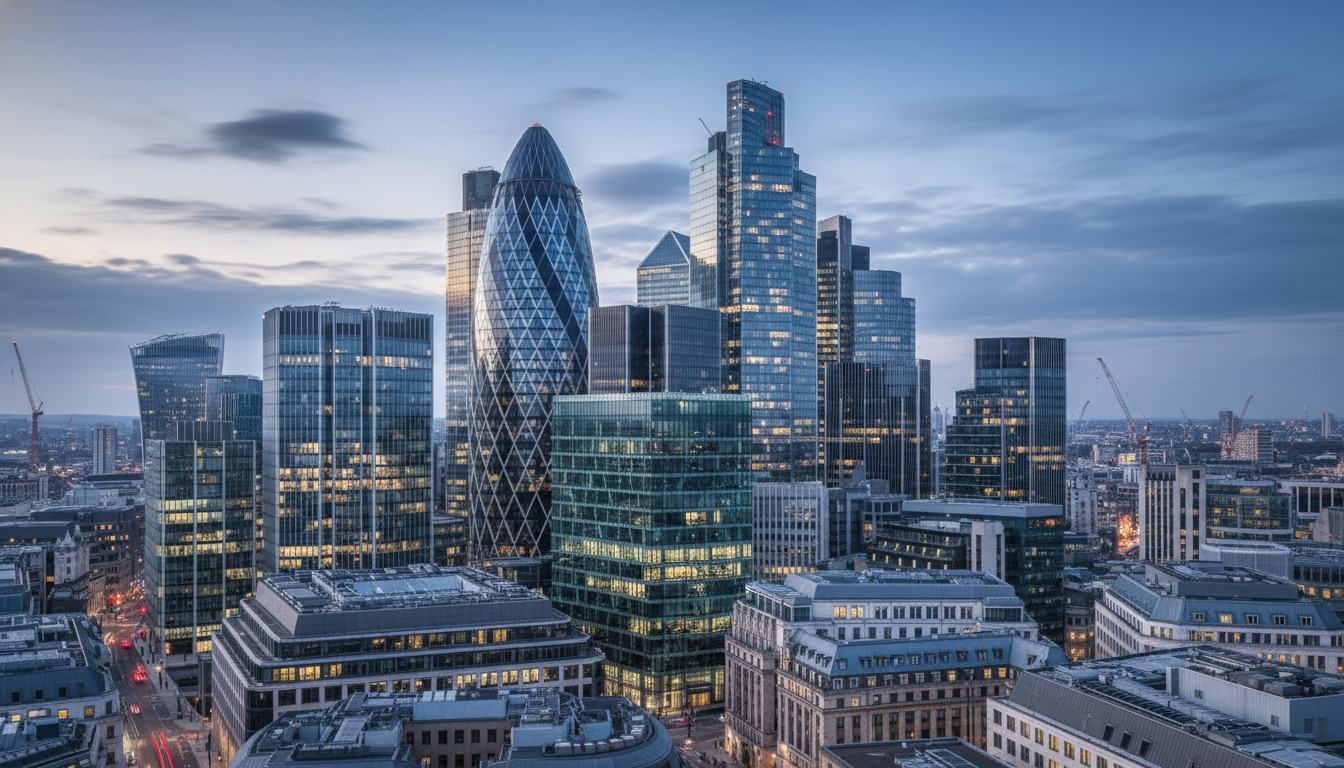 A professional architectural shot of the London financial district featuring the Gherkin and high-rise glass buildings, symbolizing global trade and corporate stability.