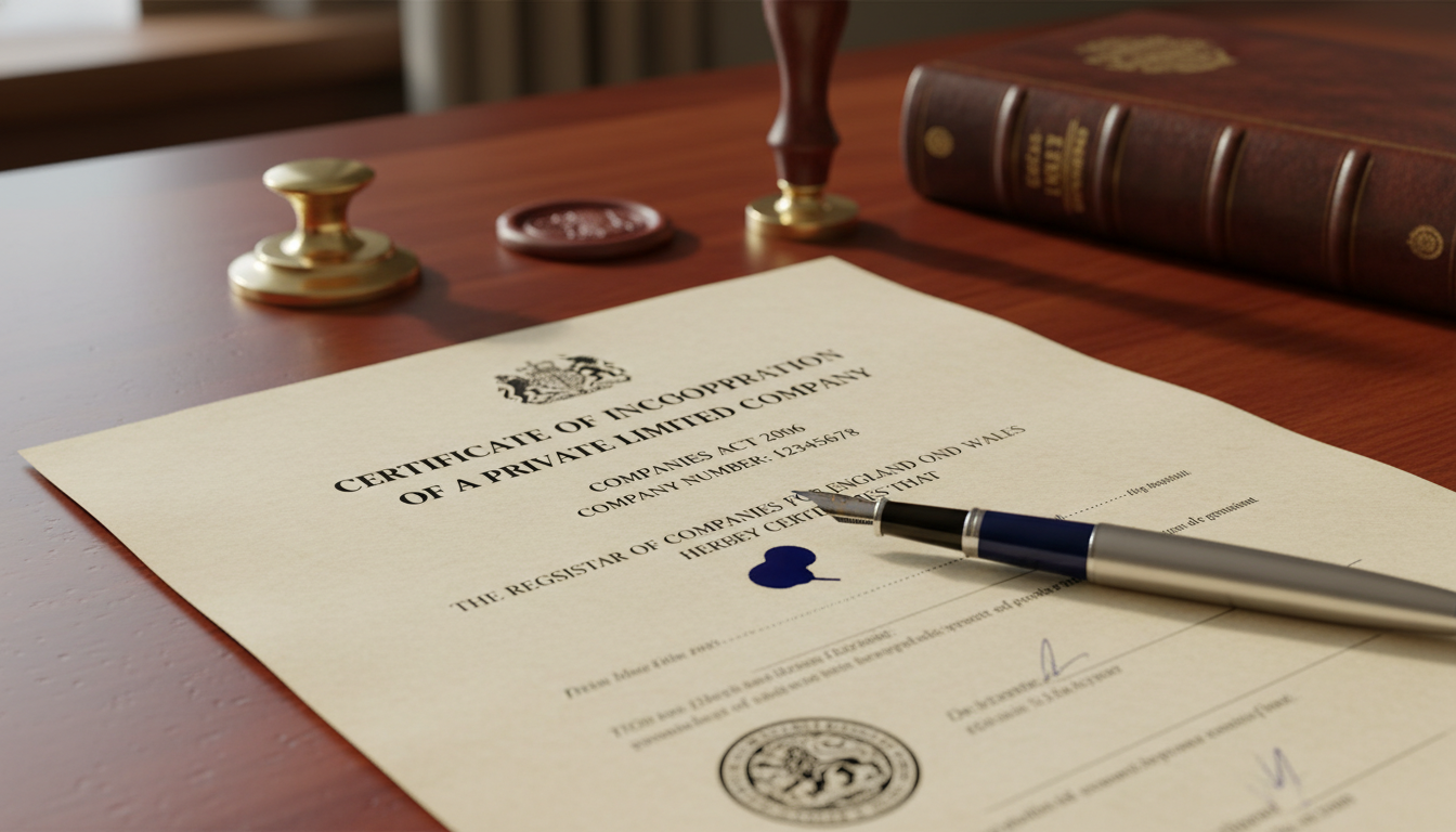 A detailed legal document on a mahogany desk with a fountain pen, symbolizing the formal incorporation process in the UK.