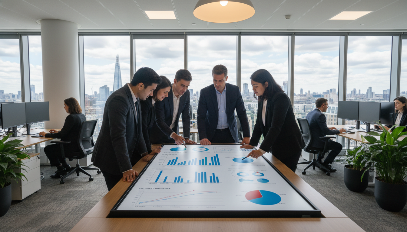 A modern office setting in London with diverse professionals collaborating around a digital dashboard showing UK tax compliance charts.