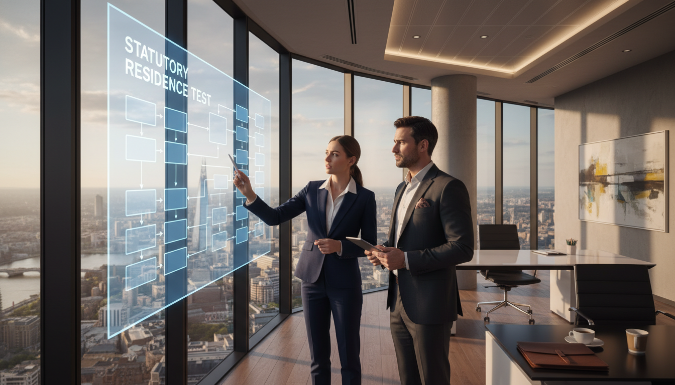A professional tax consultant in a high-rise London office explaining the Statutory Residence Test flowchart to an international client, sophisticated corporate atmosphere, cinematic lighting.