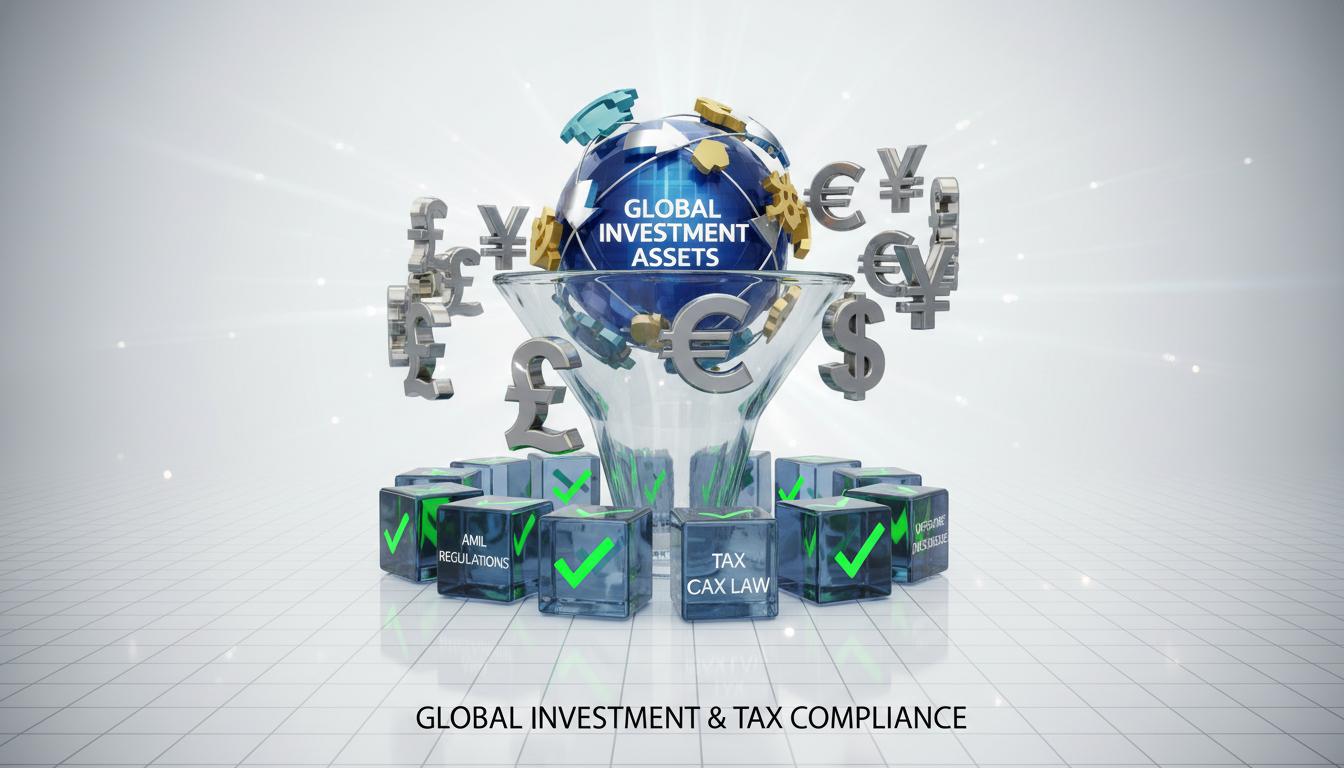 An intricate 3D infographic showing the intersection of global investment assets, British currency symbols, and tax compliance checkboxes, clean professional aesthetic.