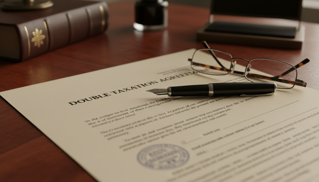 A close-up of a legal document titled Double Taxation Agreement, with a fountain pen and a pair of reading glasses on a mahogany desk, academic and authoritative style.
