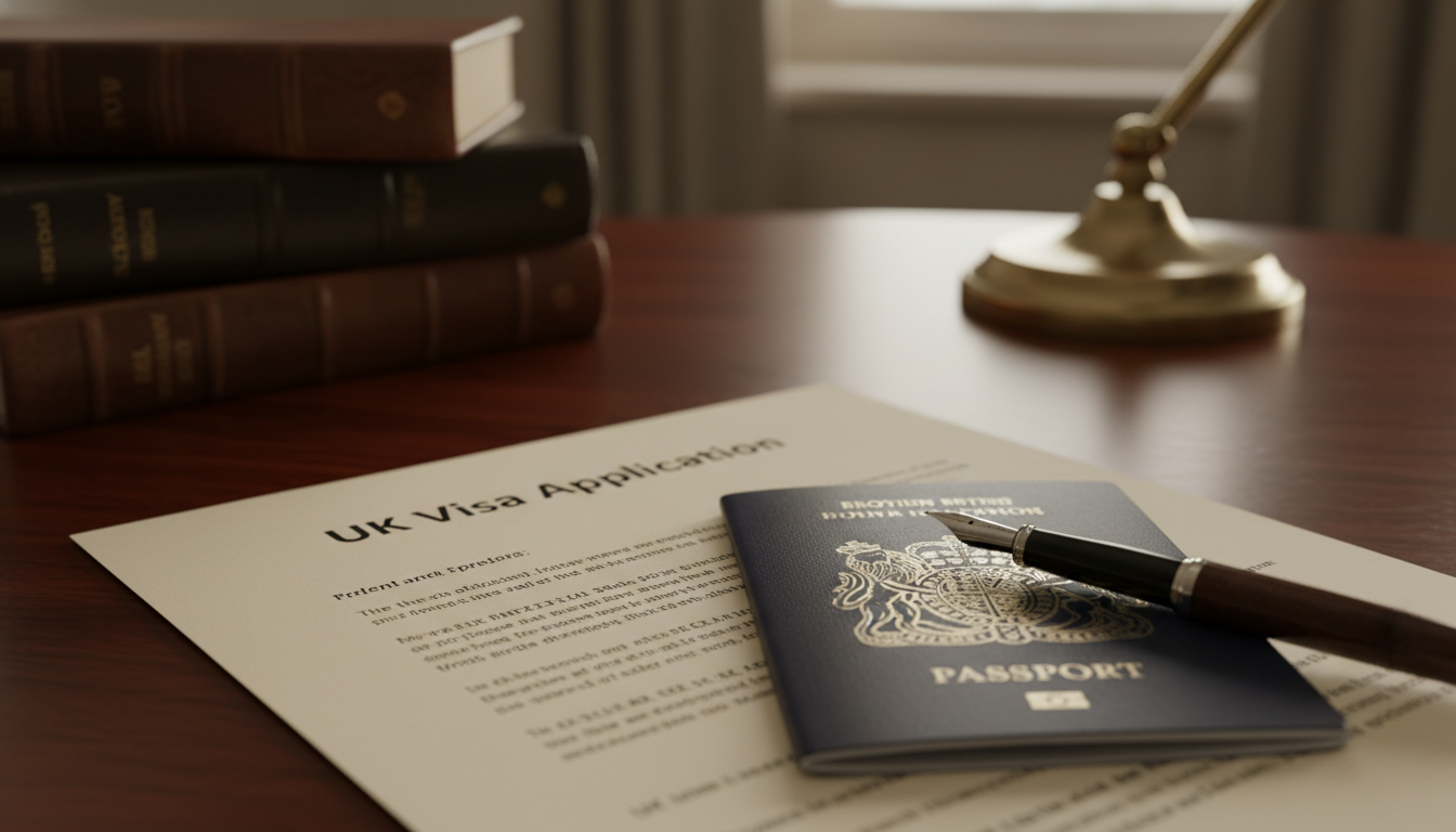 Close-up of a legal document titled 'UK Visa Application' with a fountain pen and a British passport on a mahogany desk, shallow depth of field, professional and academic atmosphere.