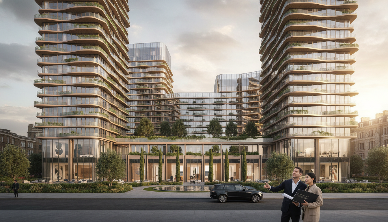 A wide-angle architectural photograph of a modern residential development in London, representing high-value investment property for international buyers.
