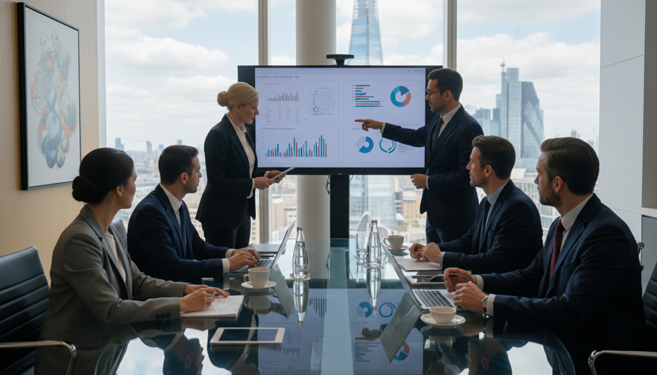 A professional office setting in London with a diverse group of executives in business attire engaged in a strategic meeting around a glass table, illustrating corporate collaboration.