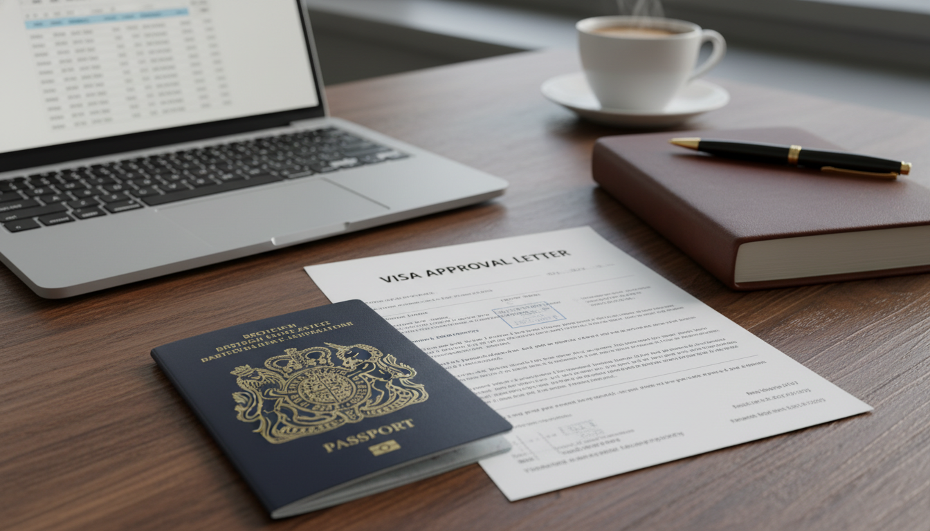 A close-up of a British passport and a visa approval letter resting on a wooden desk next to a laptop and a leather-bound planner, symbolizing successful immigration and professional readiness.
