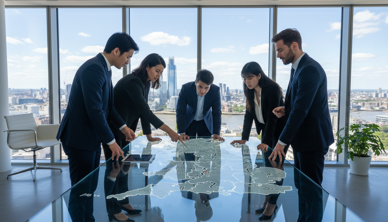 A professional setting in a modern London glass office featuring a diverse group of international entrepreneurs discussing business strategy over a map of the United Kingdom, high-resolution, corporate style.