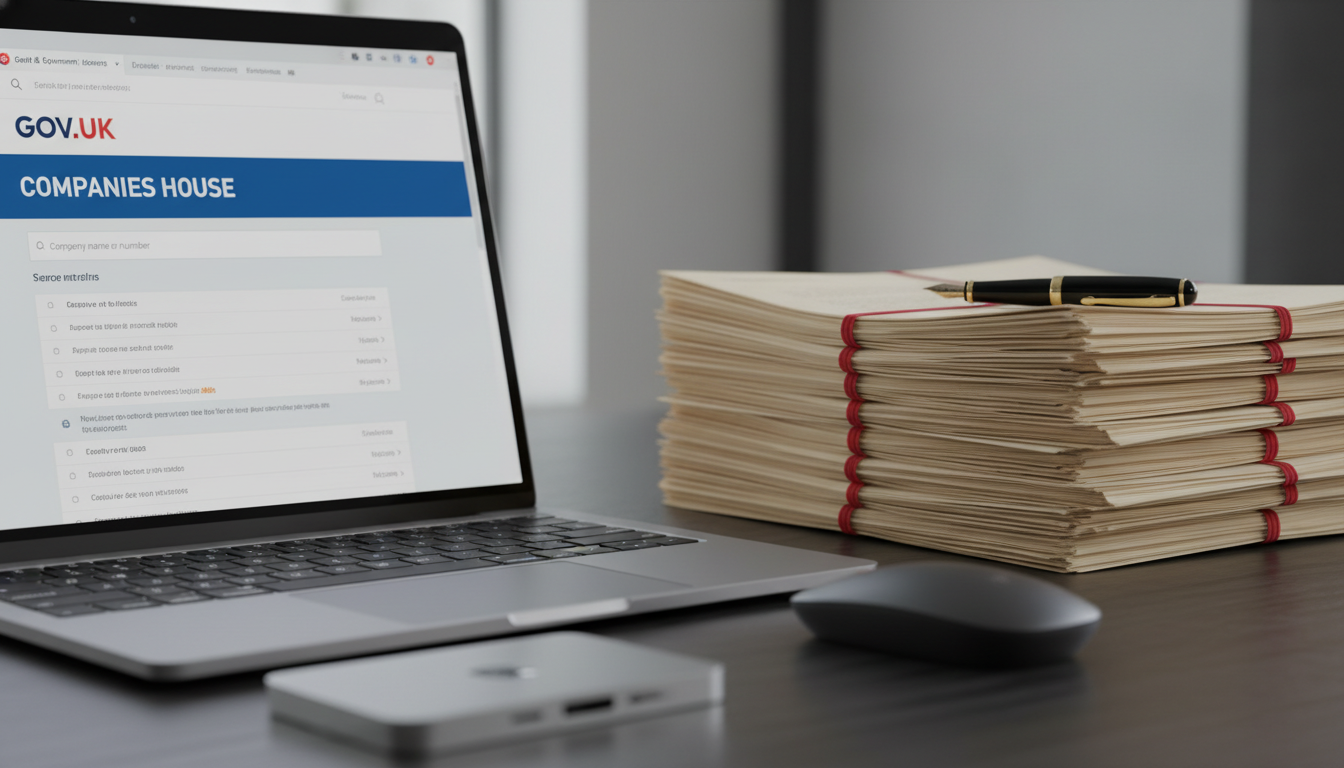 A close-up of a high-end laptop screen displaying the UK government's Companies House website next to a physical stack of neatly organized legal contracts and a fountain pen, symbolizing the transition from paperwork to digital compliance.