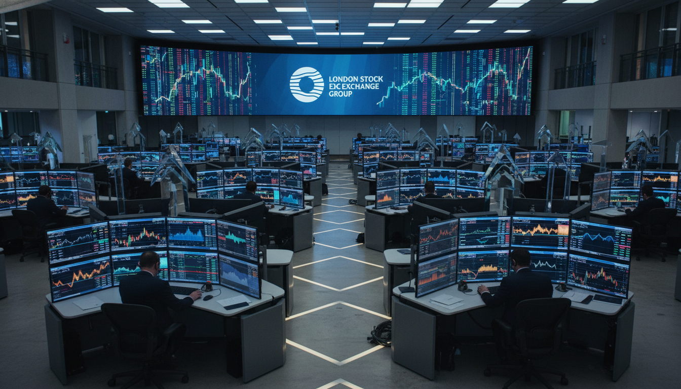 A high-tech financial trading floor with multiple monitors displaying complex data visualizations, stock tickers, and the London Stock Exchange logo in the background.