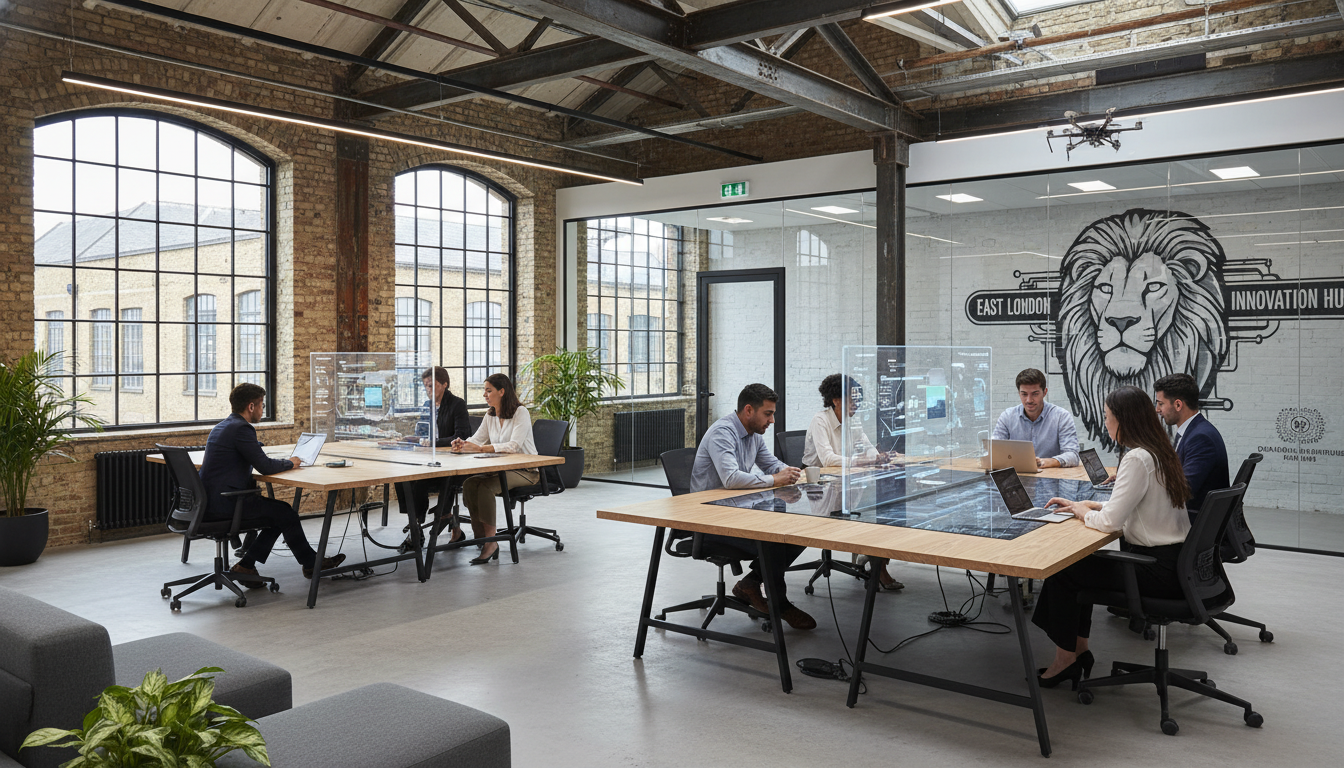 A sleek, modern office space in a converted industrial warehouse in East London, featuring young professionals working on innovative technology, symbolizing the UK's startup culture.